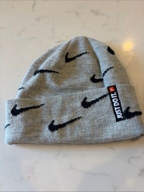 Nike Grey Beanie with Black Swoosh Allover